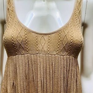 iisli knit dress gold fine rib knit crisp waist drop accordian pleats metallic